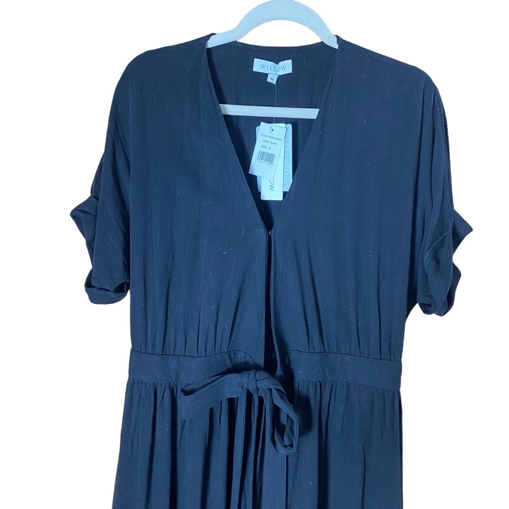 WILLOW Anthropologie Womens Wrap Dress Midi Black short Sleeve Size M Linen NEW - Picture 4 of 15
